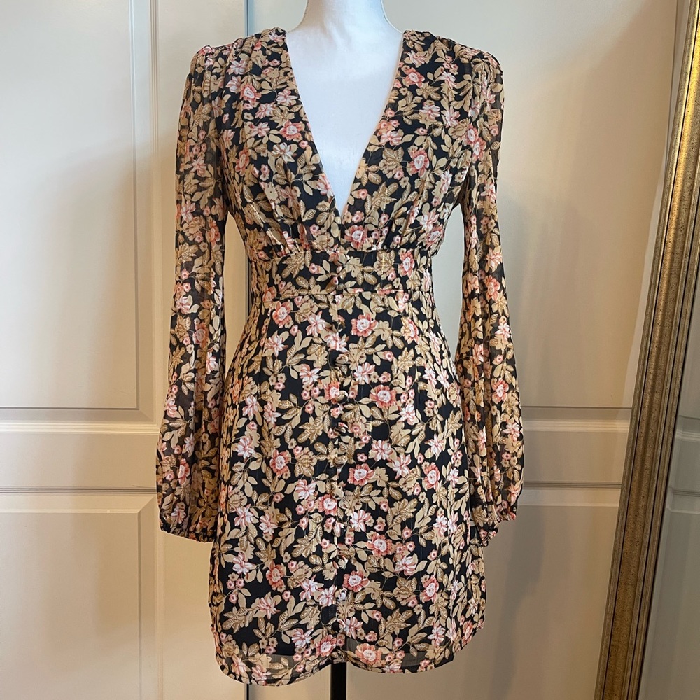 Nasty Gal Black Floral Mini Dress with Pink and Cream Roses